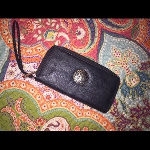 Black wallet with gold design EUC